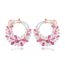 Pink Stone and Diamond Curved Stud Earrings