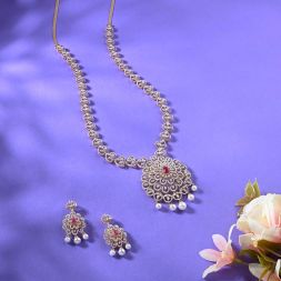 Floral Motif Diamond and Red Gemstone Haram Necklace Set