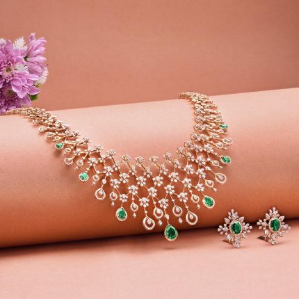 Stunning Green Stone Diamond Necklace Set