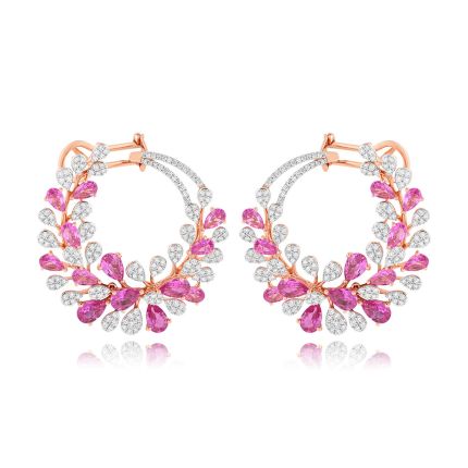 Pink Stone and Diamond Curved Stud Earrings