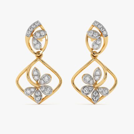 Blooming Flower Yellow Gold Diamond Dangler Earrings