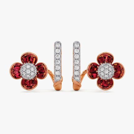 Floral 14Kt Diamond and Red Stone Earrings