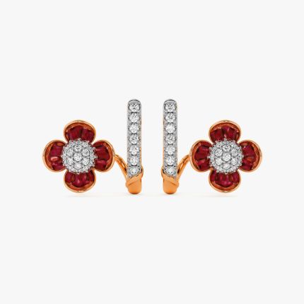 Floral 14Kt Diamond and Red Stone Earrings