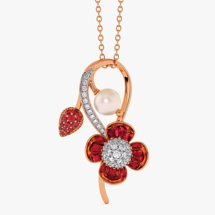 Floral 14Kt Diamond and Red Stone Pendant