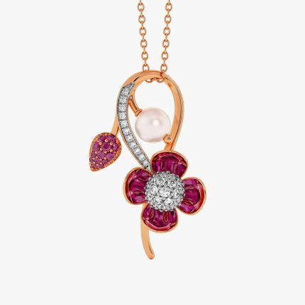 Floral 14Kt Diamond and Red Stone Pendant