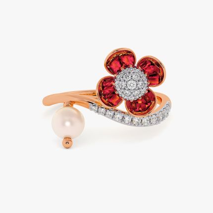 Floral 14Kt Diamond and Red Stone Ring