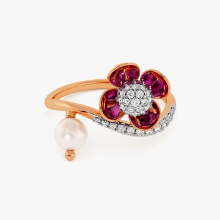 Floral 14Kt Diamond and Red Stone Ring