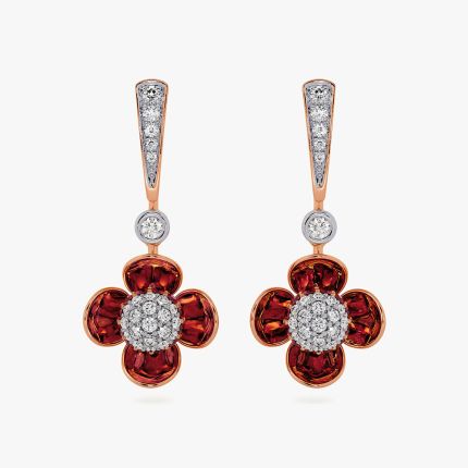 Elegant Floral 14Kt Diamond and Red Stone Earrings