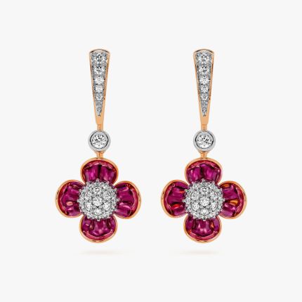 Elegant Floral 14Kt Diamond and Red Stone Earrings