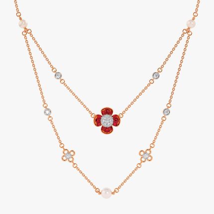 Floral 14Kt Diamond and Red Stone Necklace