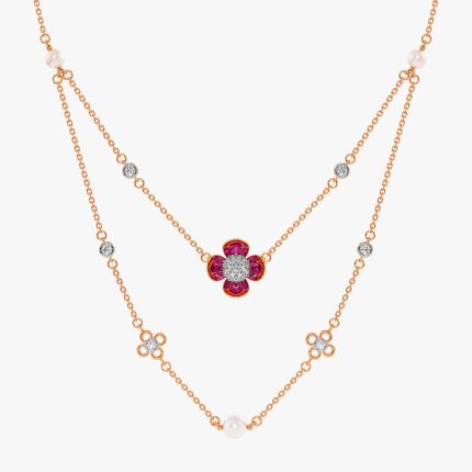 Floral 14Kt Diamond and Red Stone Necklace