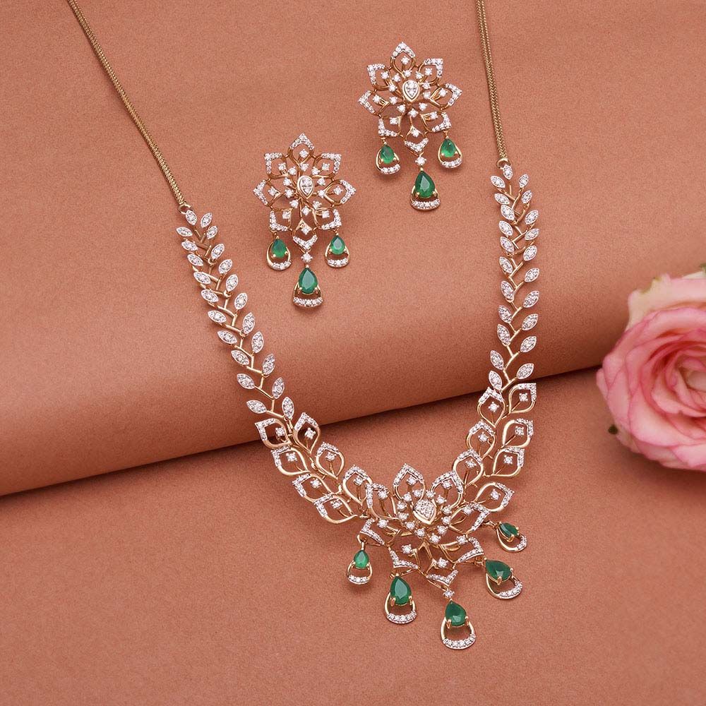 Floral Green Drops Diamond Necklace Set-Diamond-ONS24A11-D424X0B