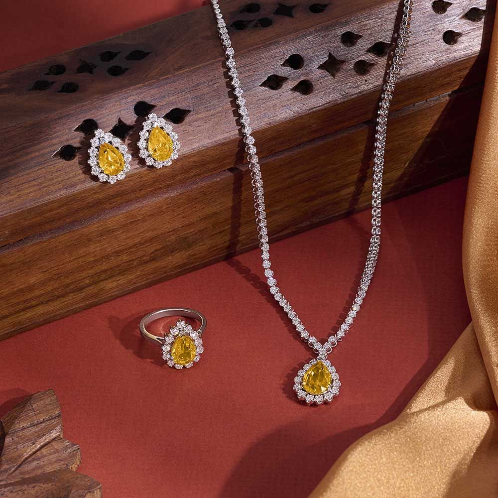 Eclectic Yellow Gemstone and Diamond Crown Star Pendant Necklace Set-Necklace Sets-OBX24013-A332W0B