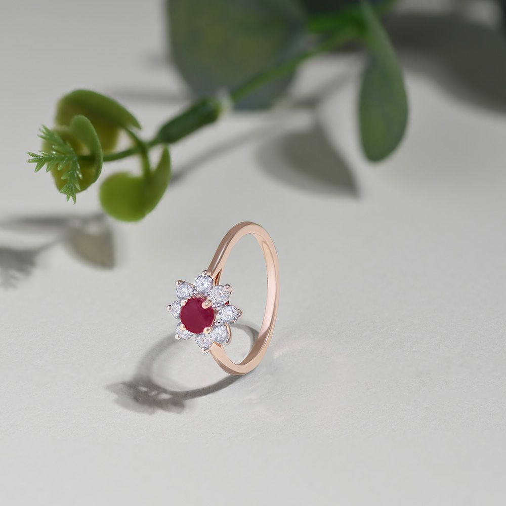 Floral Red Stone Diamond Ring-Rings-ORG25I70