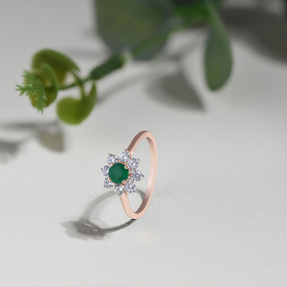 Floral Green Stone Diamond Ring-Rings-ORG25I69