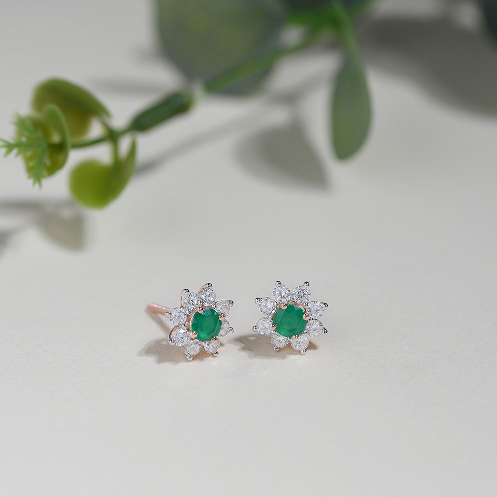 Floral Green Stone Diamond Stud Earrings-Earrings-OER25I69-D642X3C