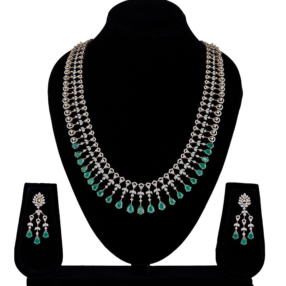 Bright Diamond and Green Gemstone Jewellery Set-Necklace Sets-CNS23A20-D311R0B