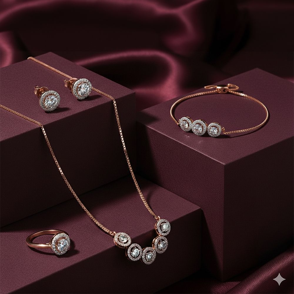 Elegant Diamond Rose Gold Jewellery Set-Necklace Sets-OBX24010-D900X0C
