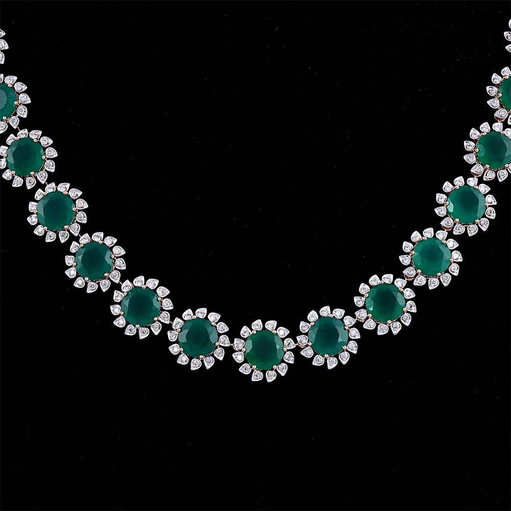 Floral Astra Green Onyx and Diamond Necklace Set-All Jewellery-ANS24A13-D424X0B
