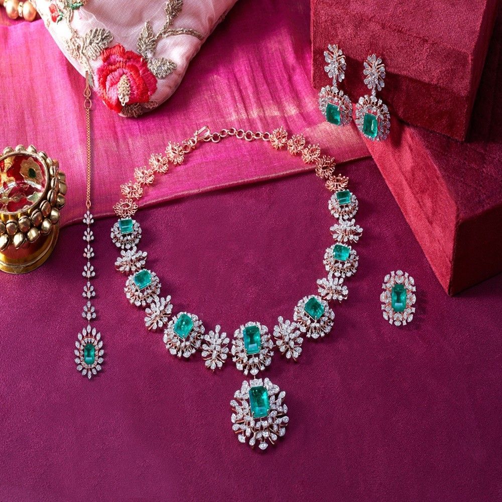 Luminous Diamond and Emerald Necklace Set-Diamond-CBX23042-D326X0B