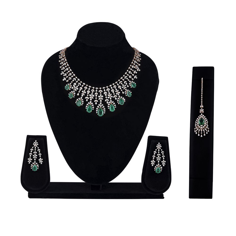Gleaming Emerald and Diamond Studded Necklace Set-Diamond-CBX23051-D326X0B