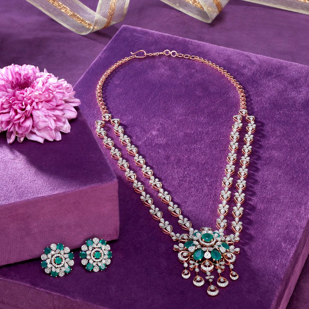 Glamorous Diamond and Emerald Necklace Set-Necklace Sets-CNS23A29-D424X0B