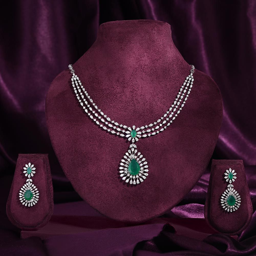Radiant Diamond and Green Onyx Necklace Set-All Jewellery-CNS25A14-D342W0B