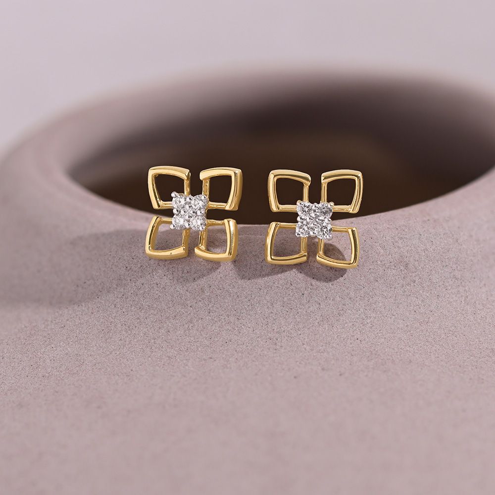 Flower 9KT Yellow Gold Diamond Earrings-Earrings-EER26I29-D400R6F