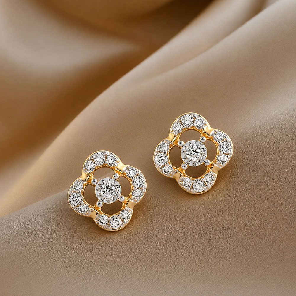 Elegant Clover Yellow Gold Diamond Stud Earrings-Earrings-EER26I66-D400RAC