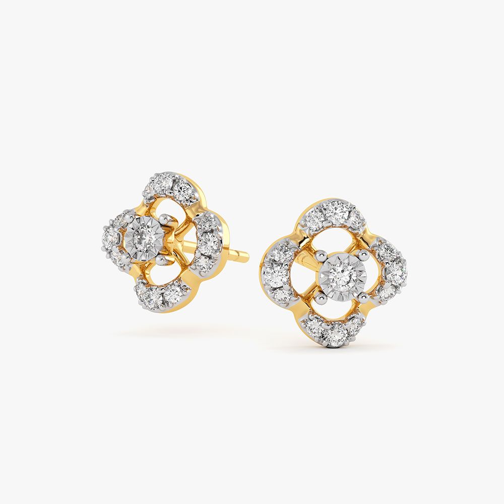 Elegant Clover Yellow Gold Diamond Stud Earrings-Earrings-EER26I66-D400RAC