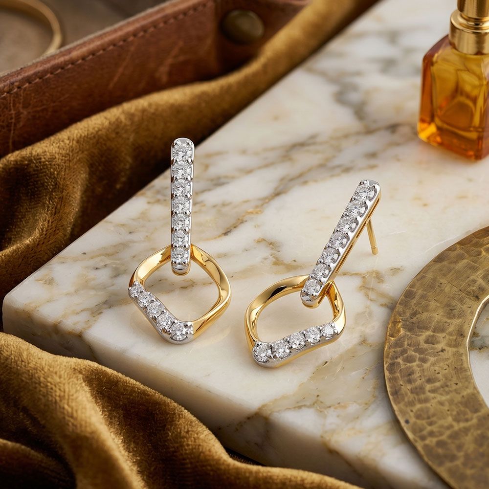 Sleek Structured Yellow Gold Diamond Drop Earrings-Earrings-EER26I86-D400RAC