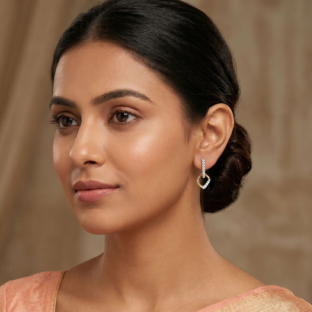 Sleek Structured Yellow Gold Diamond Drop Earrings-Earrings-EER26I86-D400RAC