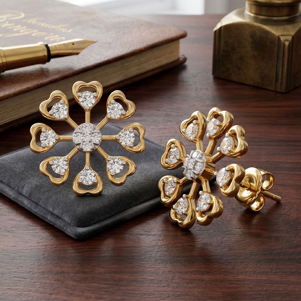 Daily Wear Floral Yellow Gold Diamond Stud Earrings-Earrings-EER26I98-D400RAC
