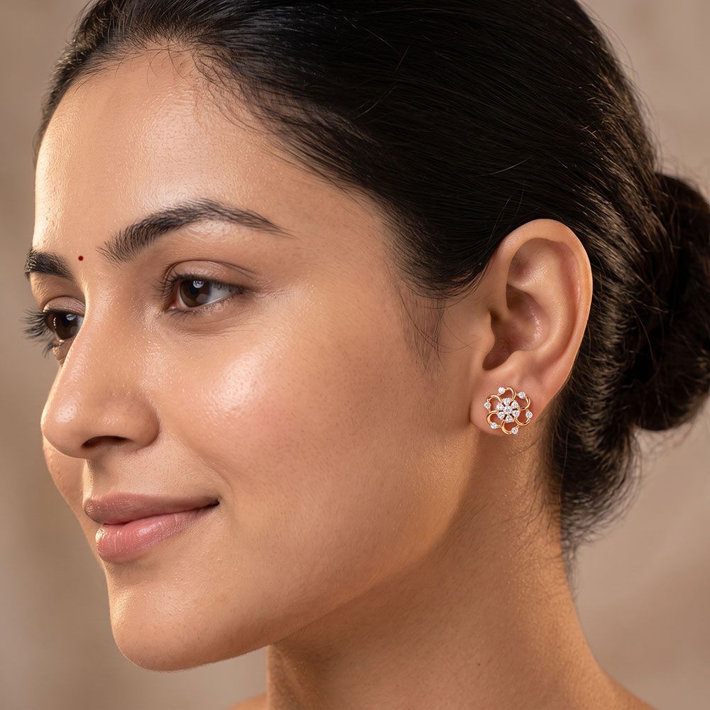 Floral Grace 14Kt Yellow Gold Diamond Earrings-Earrings-EPE26E12-D400RAC