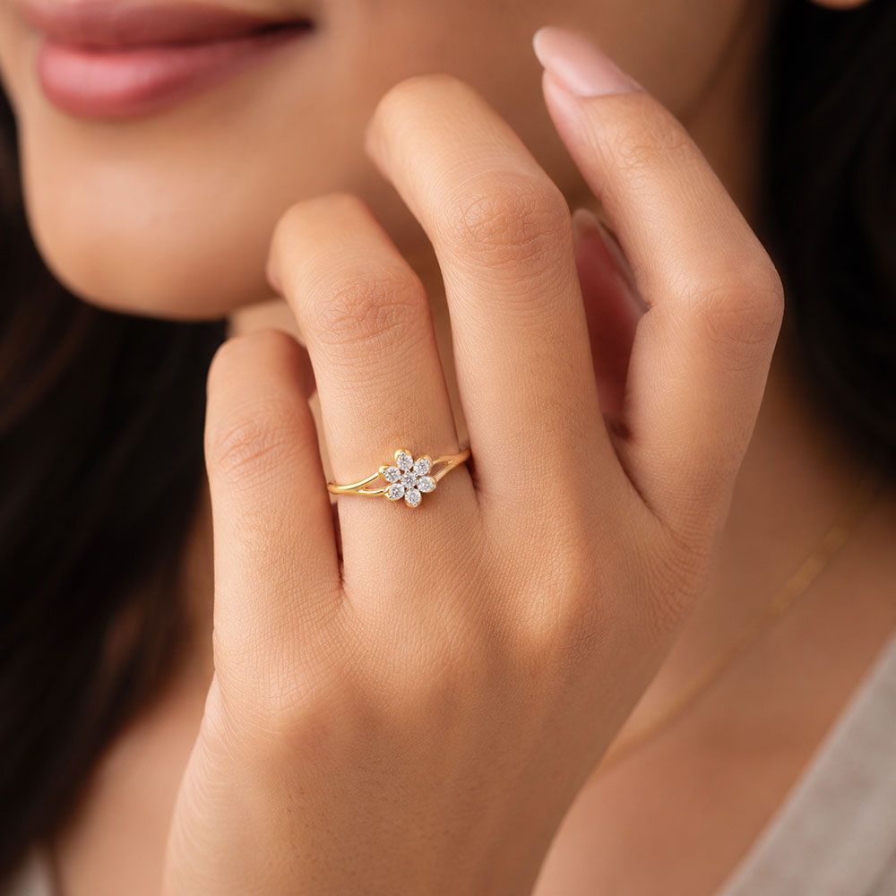 Charming Floral Yellow Gold Diamond Ring-Rings-ERG26K97