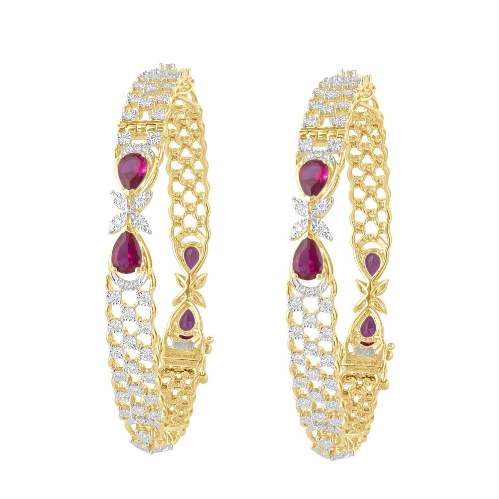 Stylish Diamond Netted 14KT Yellow Gold Diamond Bangle Set of 2-Bangles-OBA21045