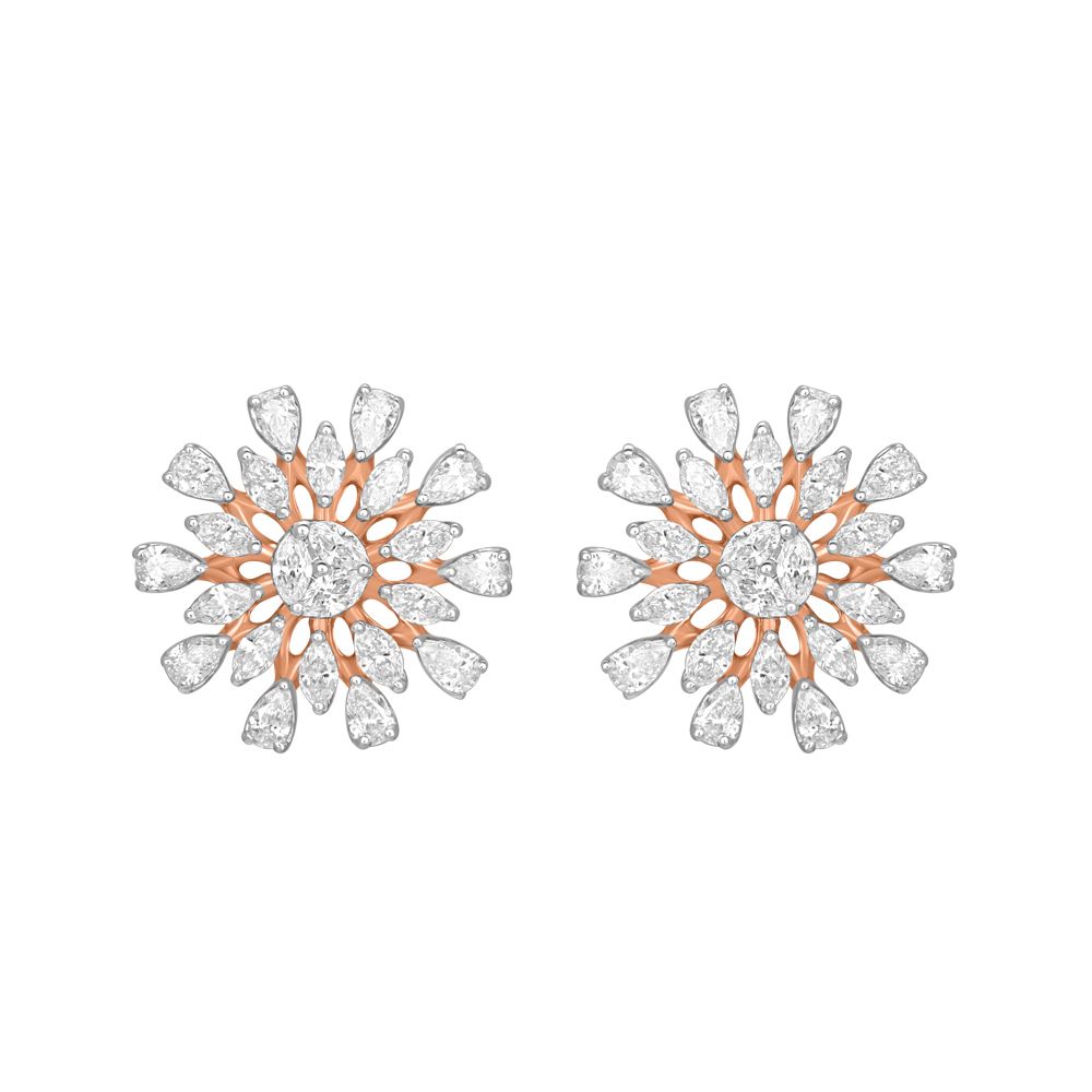 Floral Earrings Studded With Diamonds-Earrings-OER22125-D300R0B
