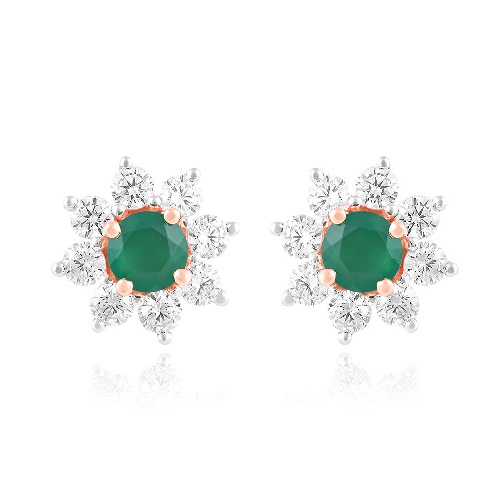 Floral Green Stone Diamond Stud Earrings-Earrings-OER25I69-D642X3C