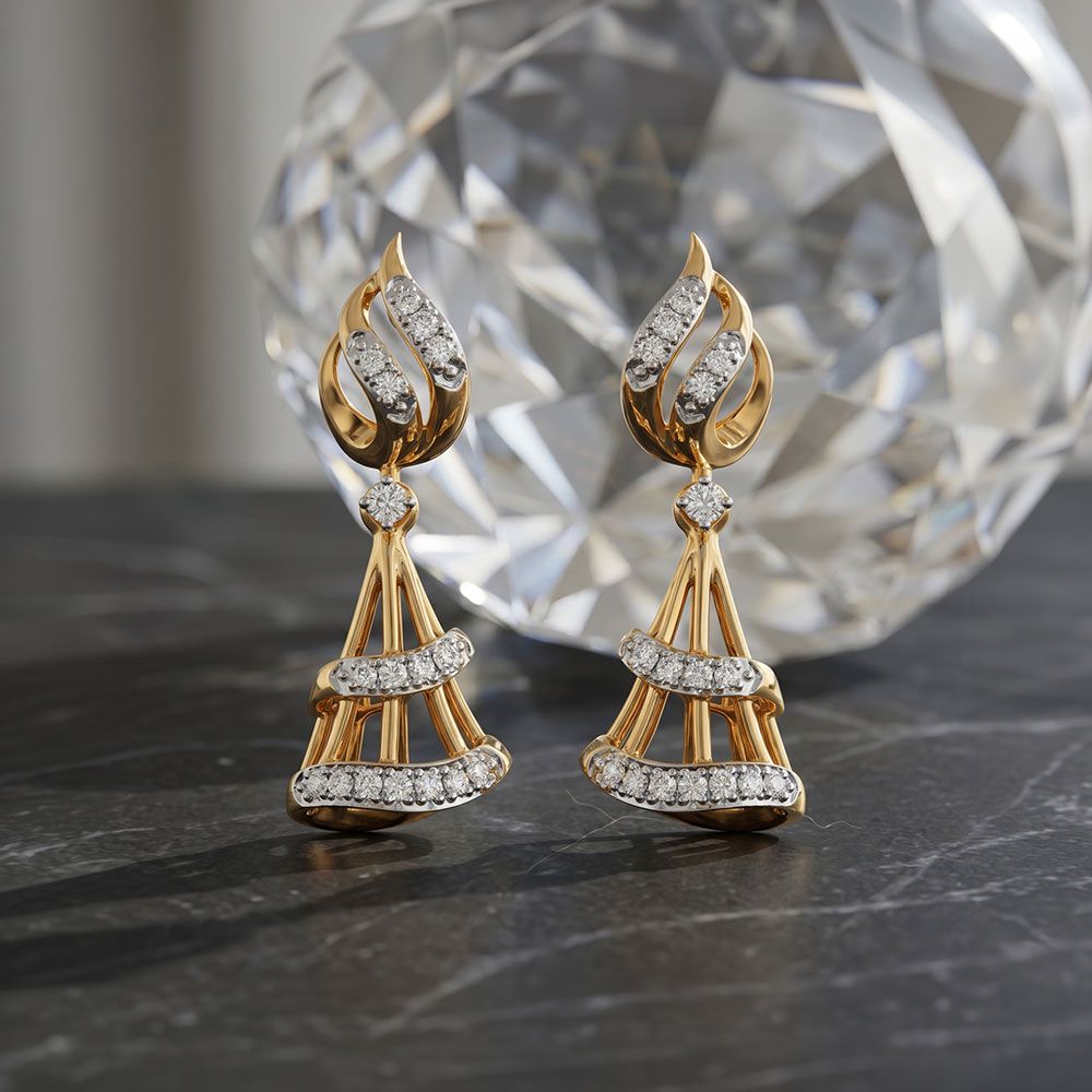 Traditional Paisley Yellow Gold Diamond Jhumka Earrings-Earrings-OER26I37-D400RCC