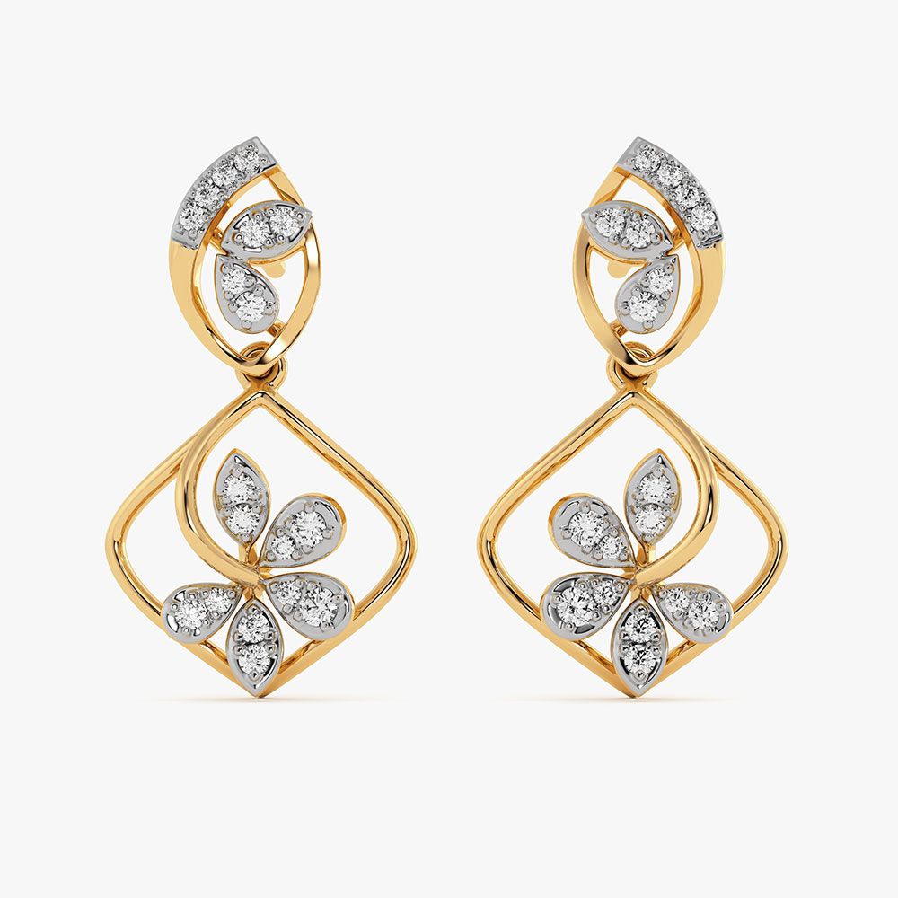 Blooming Flower Yellow Gold Diamond Dangler Earrings-Earrings-OER26I38-D400RCC