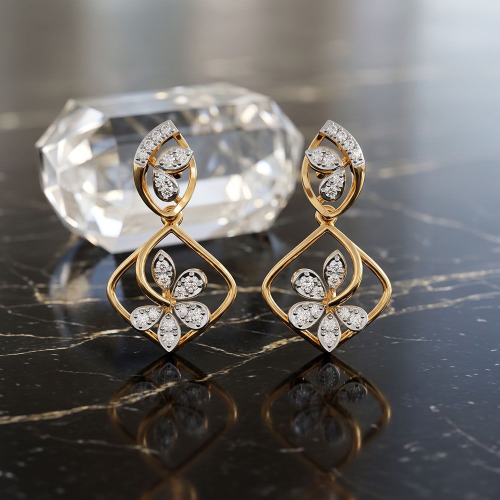 Blooming Flower Yellow Gold Diamond Dangler Earrings-Earrings-OER26I38-D400RCC