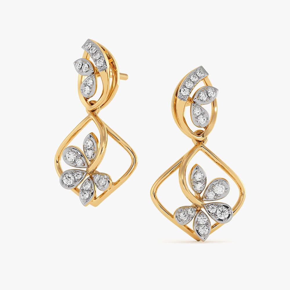 Blooming Flower Yellow Gold Diamond Dangler Earrings-Earrings-OER26I38-D400RCC