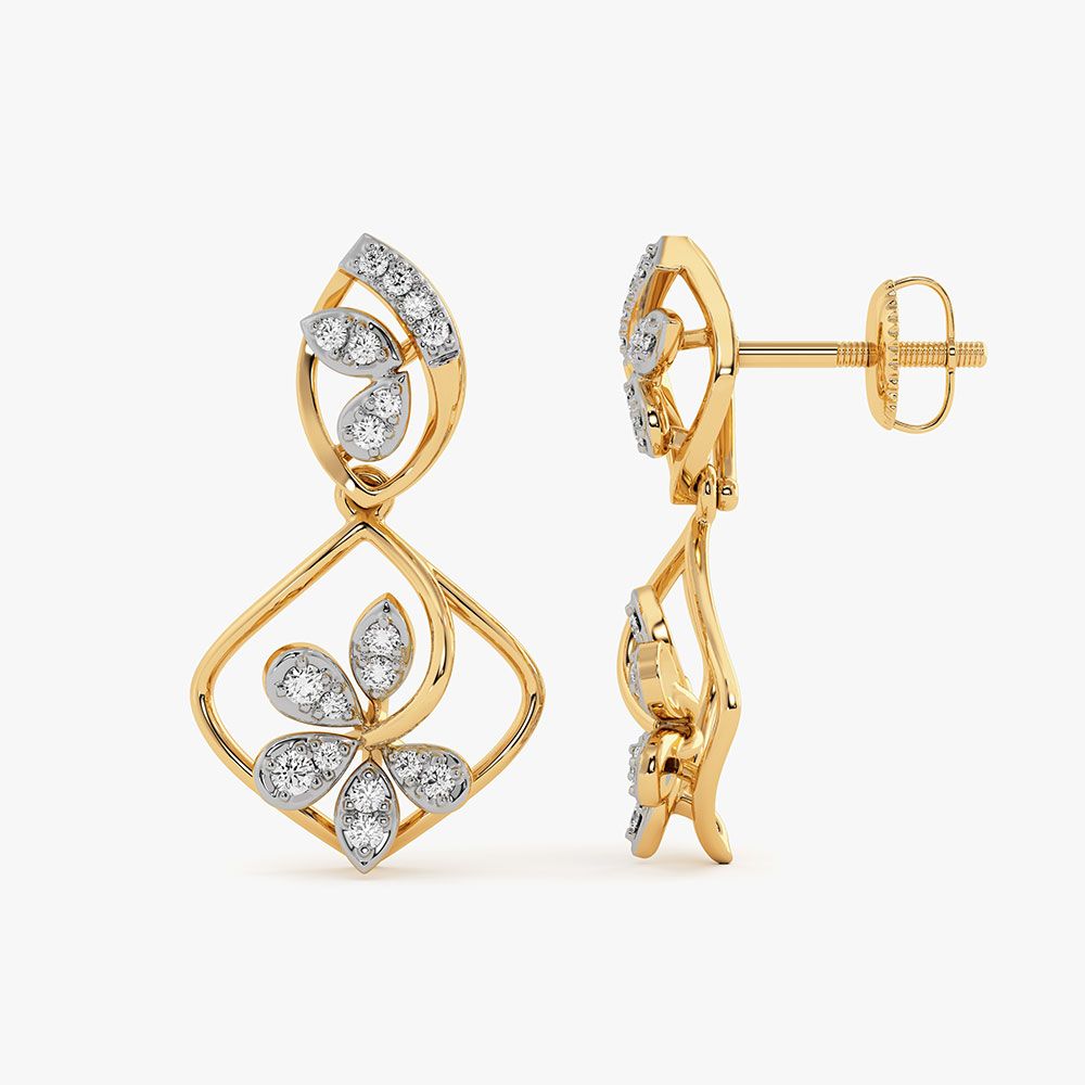 Blooming Flower Yellow Gold Diamond Dangler Earrings-Earrings-OER26I38-D400RCC
