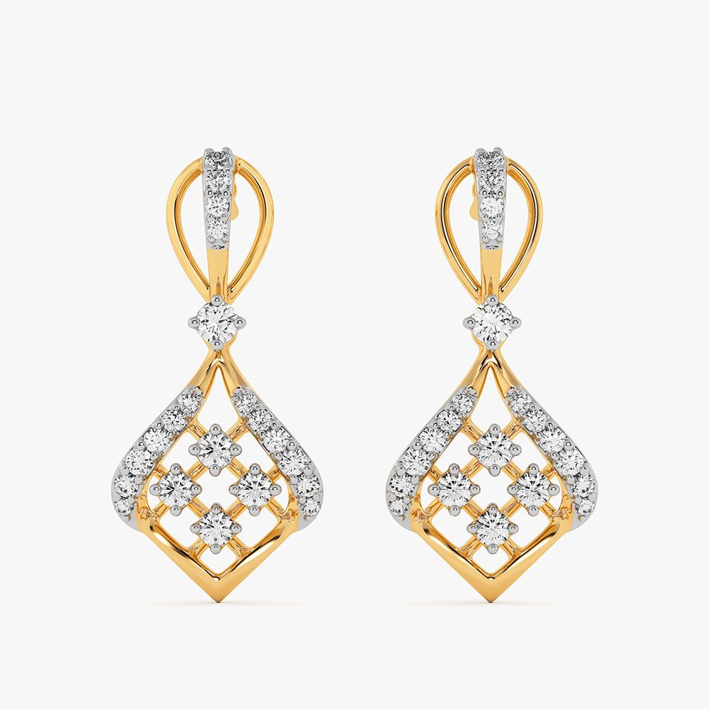 Checkered Sparkle Yellow Gold Diamond Drop Earrings-Earrings-OER26I50-D400RCC