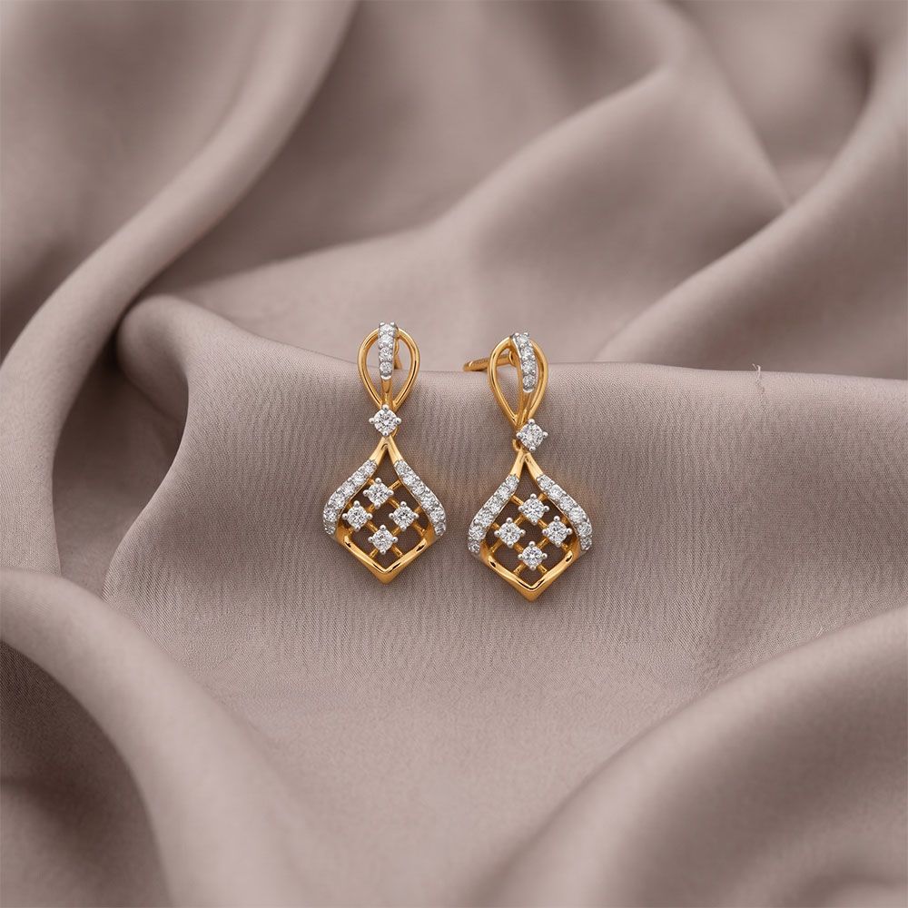 Checkered Sparkle Yellow Gold Diamond Drop Earrings-Earrings-OER26I50-D400RCC