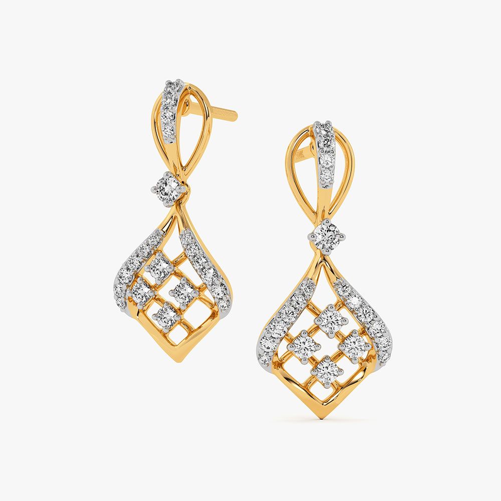 Checkered Sparkle Yellow Gold Diamond Drop Earrings-Earrings-OER26I50-D400RCC