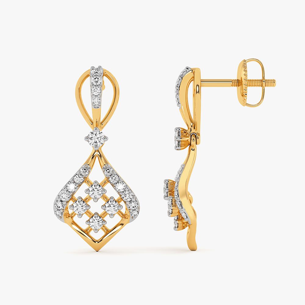 Checkered Sparkle Yellow Gold Diamond Drop Earrings-Earrings-OER26I50-D400RCC