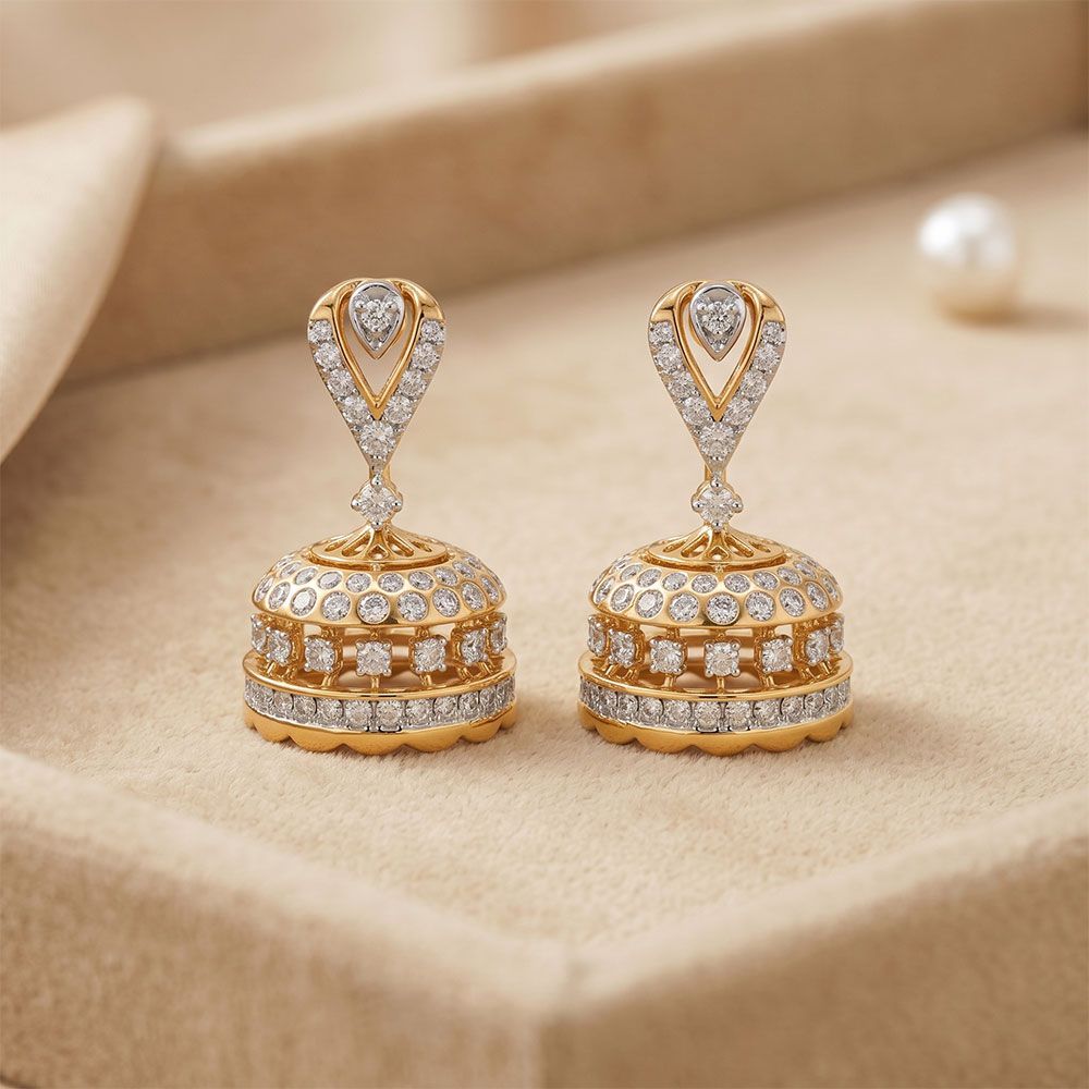 Festive Leaf Yellow Gold Diamond Jhumka Earrings-Earrings-OER26I57-D400RDC