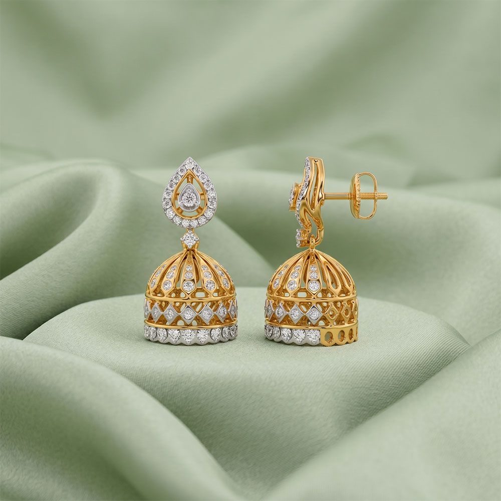 Leaf Drop Yellow Gold Diamond Jhumka Earrings-Earrings-OER26I59-D400RDC