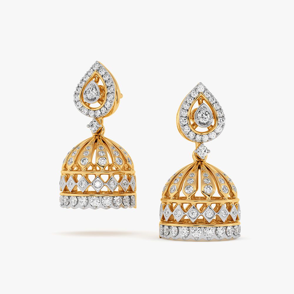 Leaf Drop Yellow Gold Diamond Jhumka Earrings-Earrings-OER26I59-D400RDC